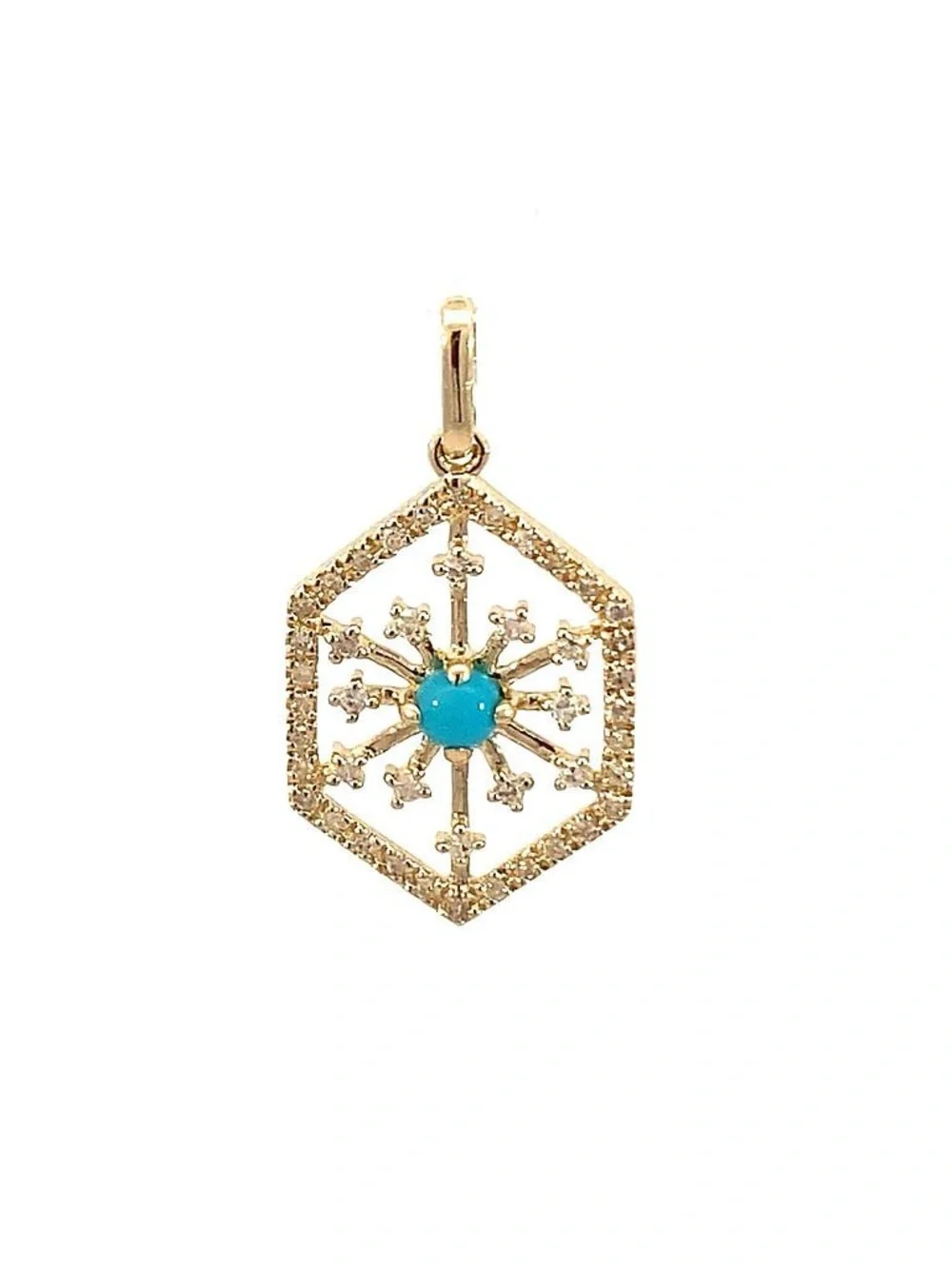 Gold Hexagon Snowflake Pendant with Turquoise Center - Women Jewelry